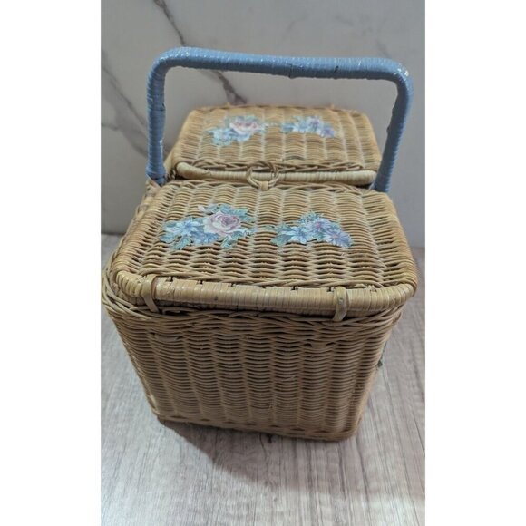 Vintage Wicker Sewing craft  Basket With Floral Painted Lid & Blue Handle - Picture 3 of 12